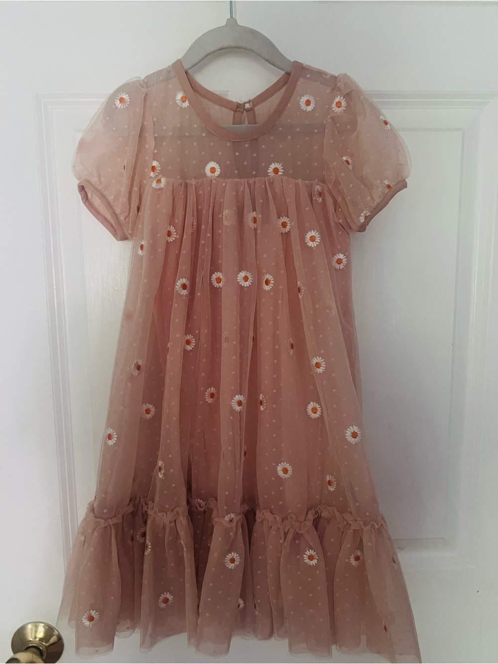 Girls' Dusty Pink Daisy Mesh Party Dress with Puff Sleeves
